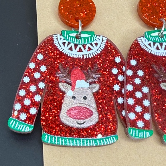 NWT Festive Reindeer Rudolf Sweater Sparkly Lightweight Dangle Earrings - Picture 3 of 3